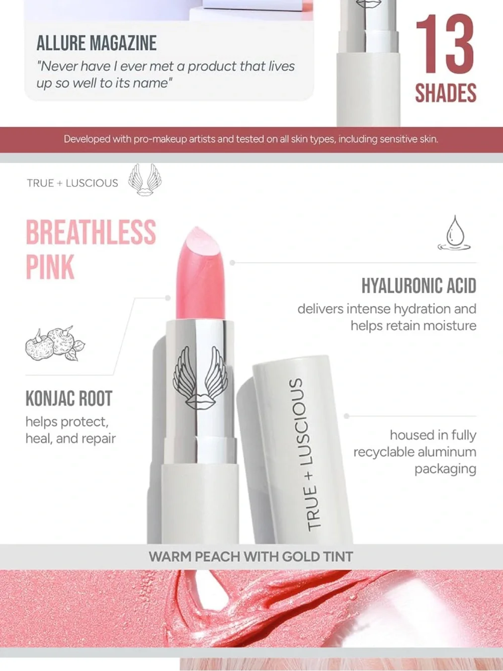 True + Luscious Super Moisture Lipstick Satin Hydrating Lip Breathless Pink